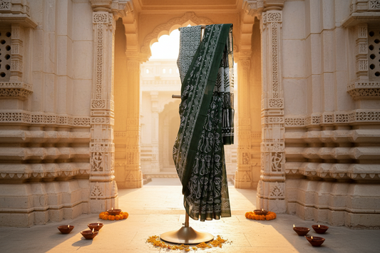 Forest Green Heritage Collection Bagru Screen Print Soft Mulmul Cotton Saree