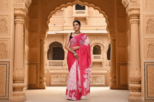 Fuchsia Pink & Ivory White Bagru Screen Print Soft Mulmul Cotton Saree