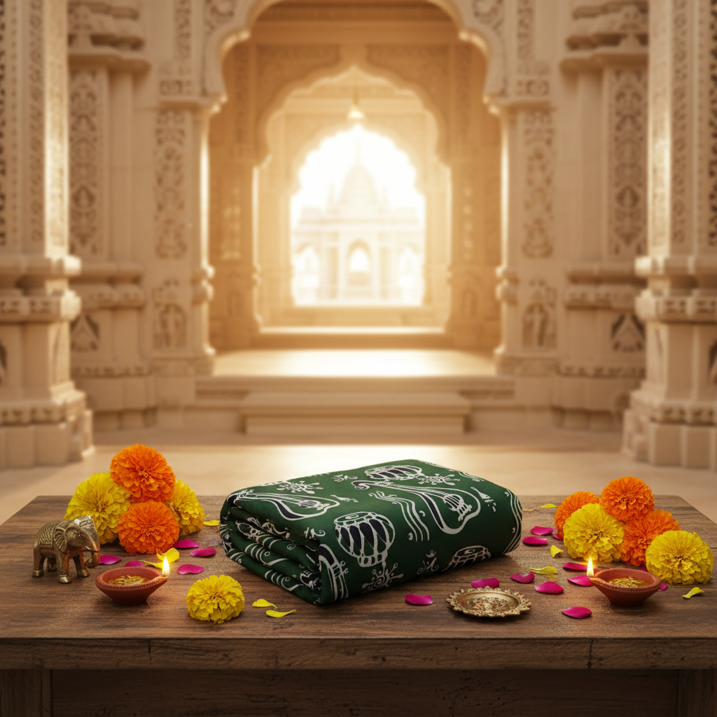 Green Musical Instruments Saree Table Display – Heritage Temple Setting