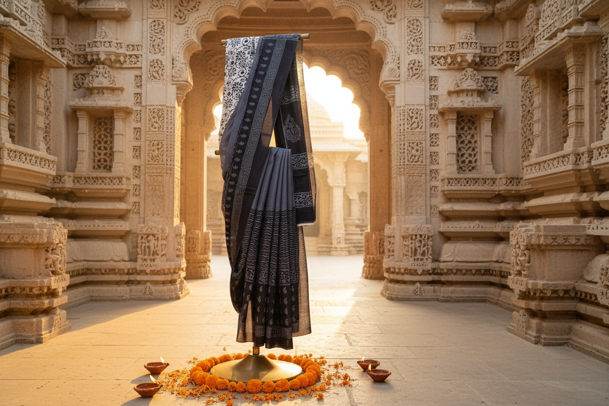 Charcoal Grey Bagru Screen Print Soft Mulmul Cotton Saree