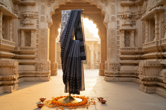 Charcoal Grey Bagru Screen Print Soft Mulmul Cotton Saree
