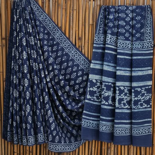 Indigo Blue Heritage Bagru Hand Block Print Cotton Mul Saree