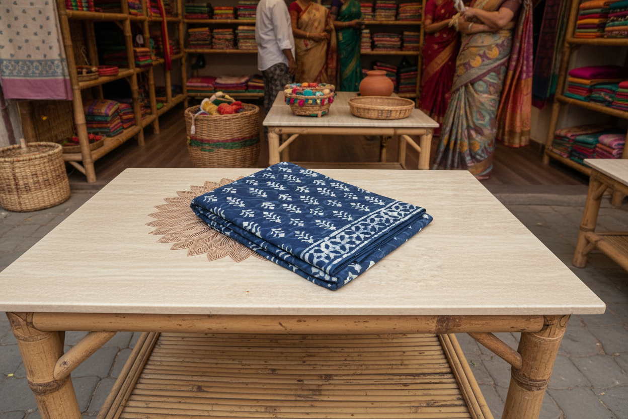 Indigo Saree on Bamboo Table in Traditional Outdoor Store