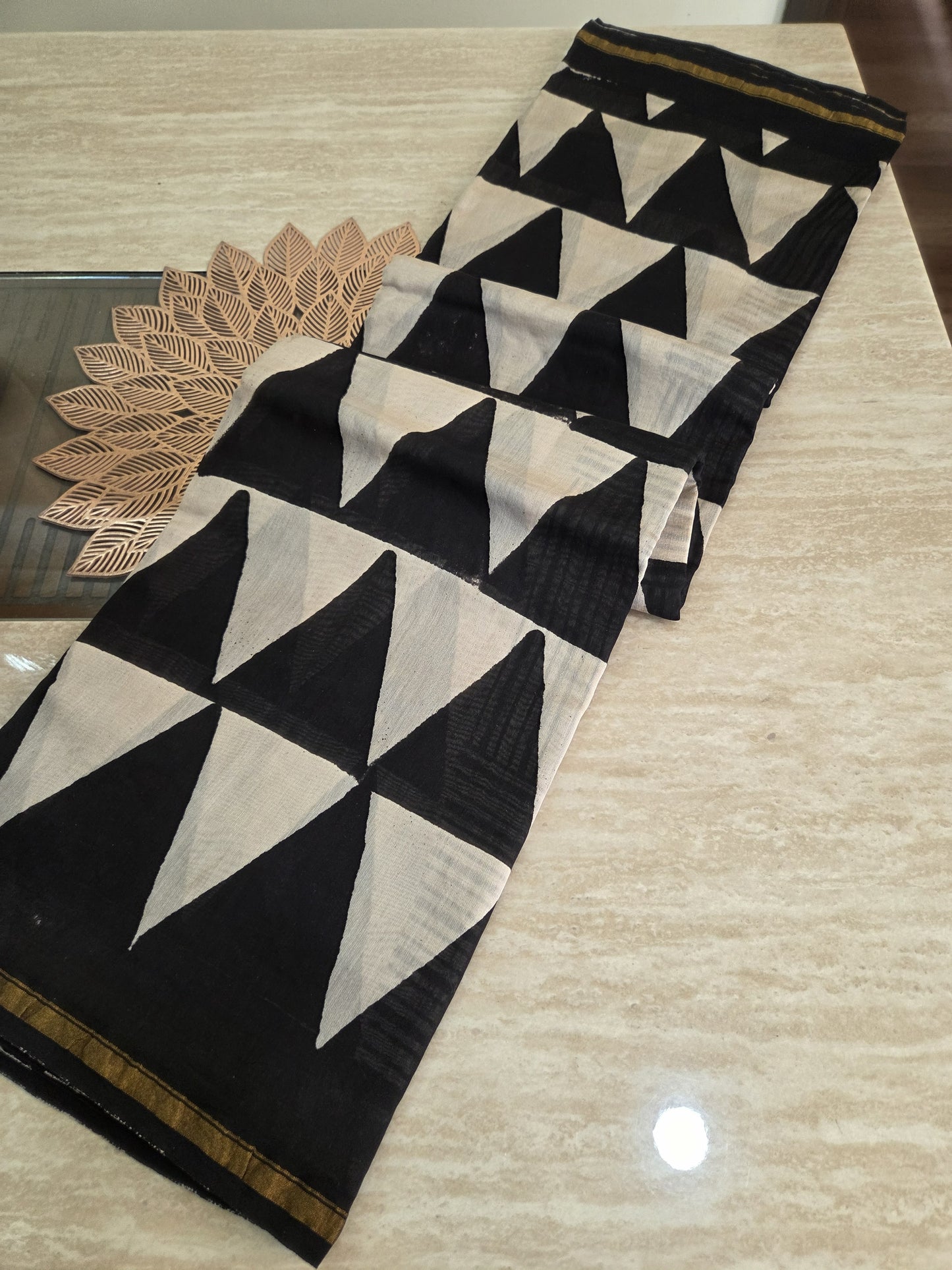 Black & Beige Natural Dye Hand Block Print Chanderi Silk Saree
