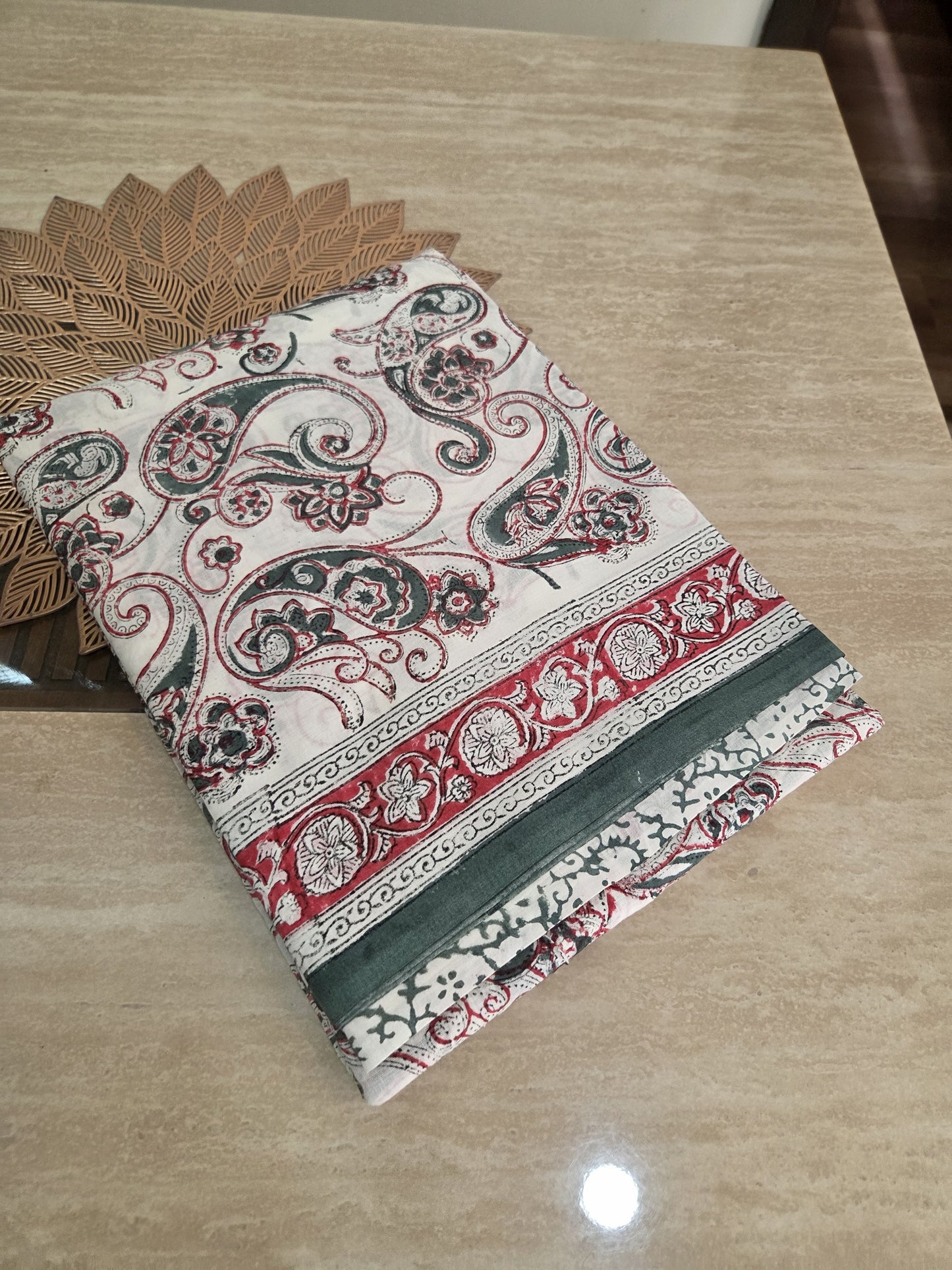 White, Emerald Green & Crimson Red Bagru Hand Block Print Cotton Mul Saree