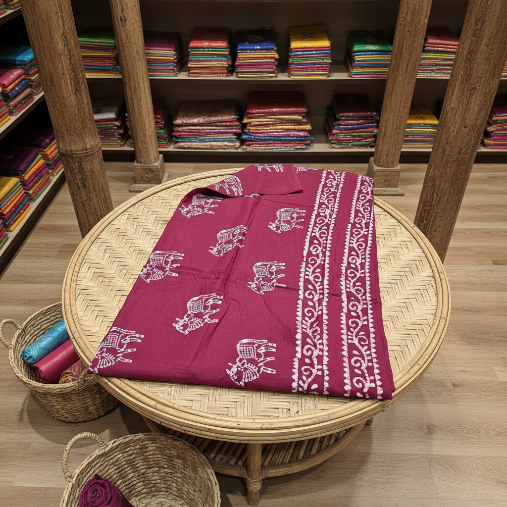 Maroon Batik Saree on Bamboo Table Traditional Store - Top View