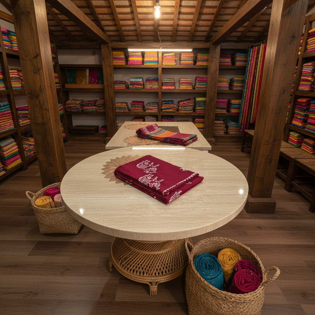 Maroon Saree on Bamboo Table in Traditional Store - Top View