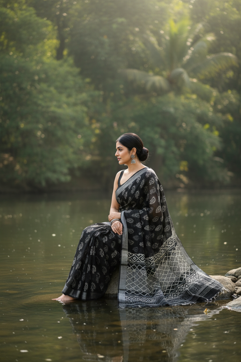 Model in Black Saree by the Lake