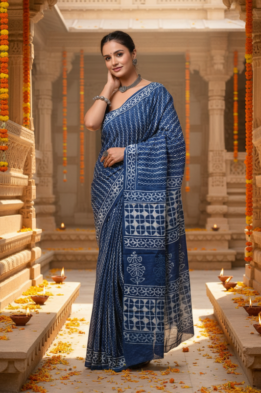Navy Blue Saree Model – Heritage Temple Setting