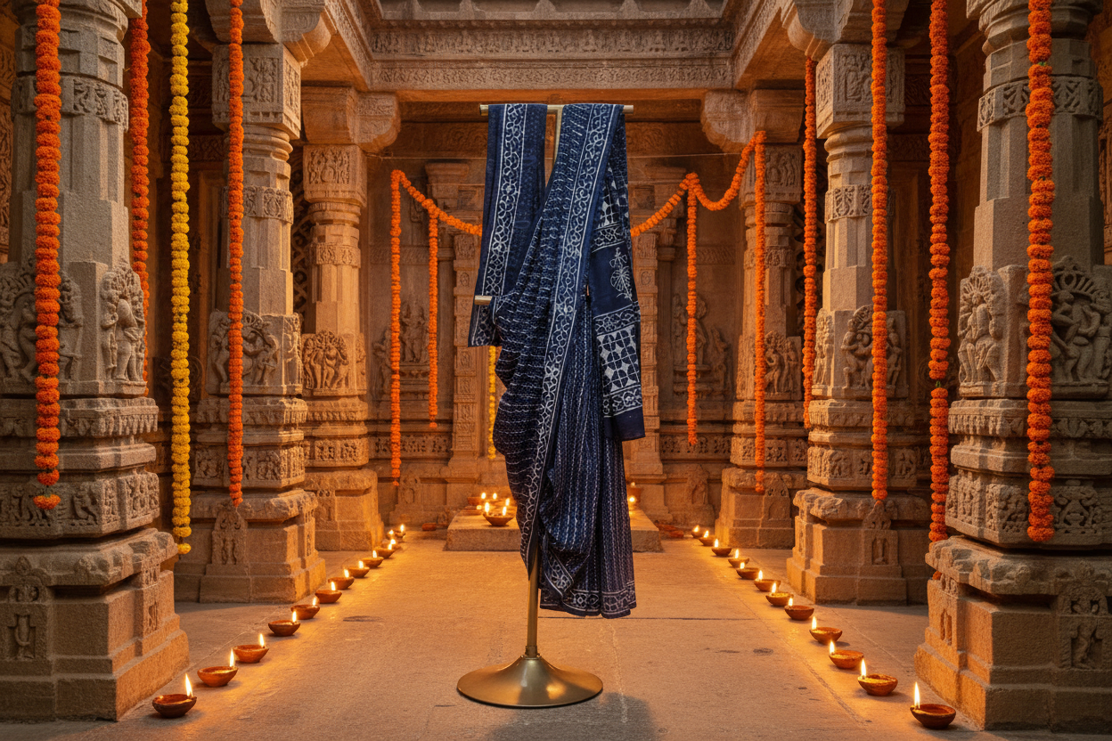 Indigo Blue Bagru Hand Block Print Cotton Mul Saree