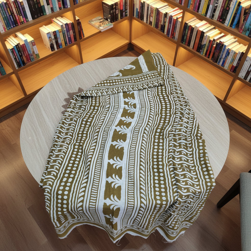 Mustard Brown with White Floral & Paisley Design Bagru Screen Print Soft Mulmul Cotton Saree
