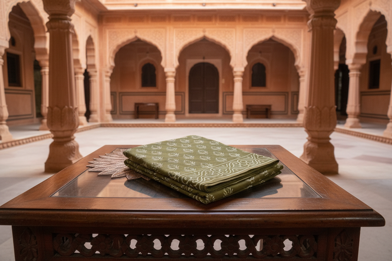 Olive Green Bagru Hand Block Print Cotton Mul Saree