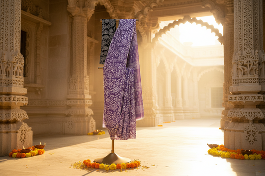 Purple & Black Floral Elegance Bagru Screen Print Soft Mulmul Cotton Saree