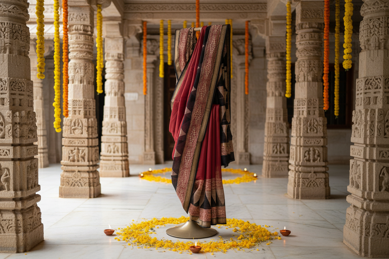Rust Red & Black Heritage Collection Hand Block Printed Maheshwari Silk Saree