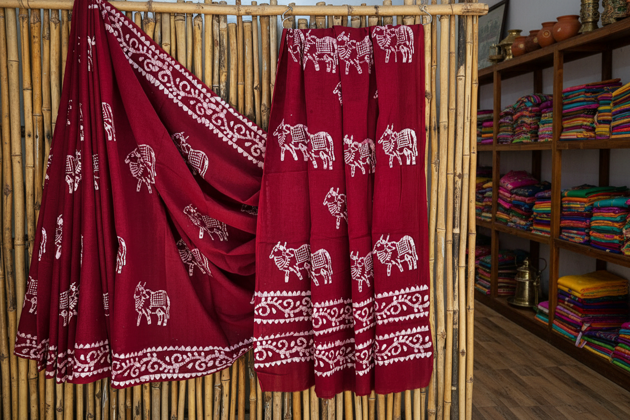 Maroon Elephant Motif Bagru Hand Block Printed Cotton Mul Saree