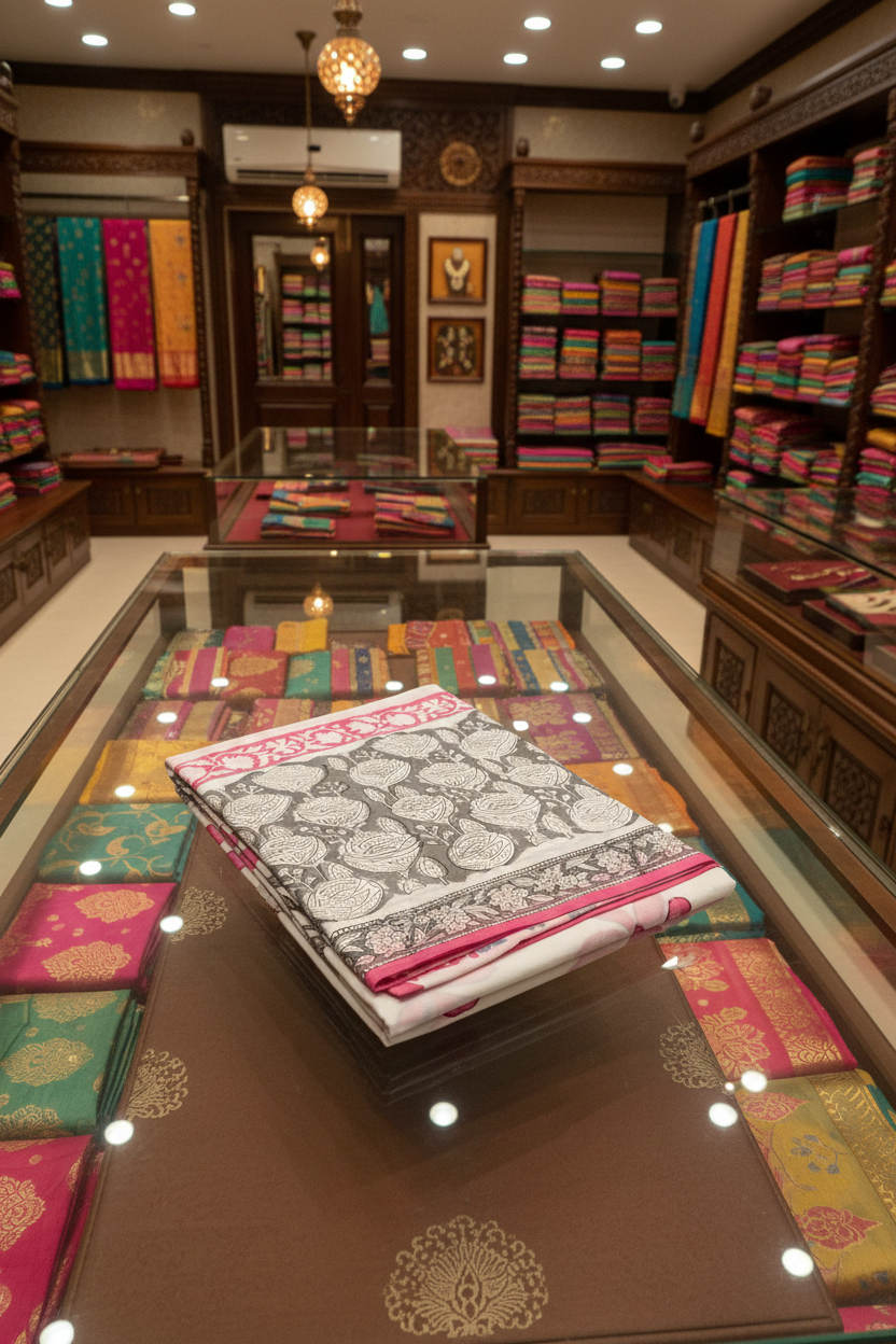 Saree on Table in Saree Store