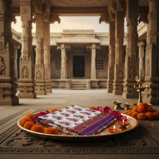 White with Purple & Rust Floral Motifs Bagru Screen Print Mulmul Cotton Saree