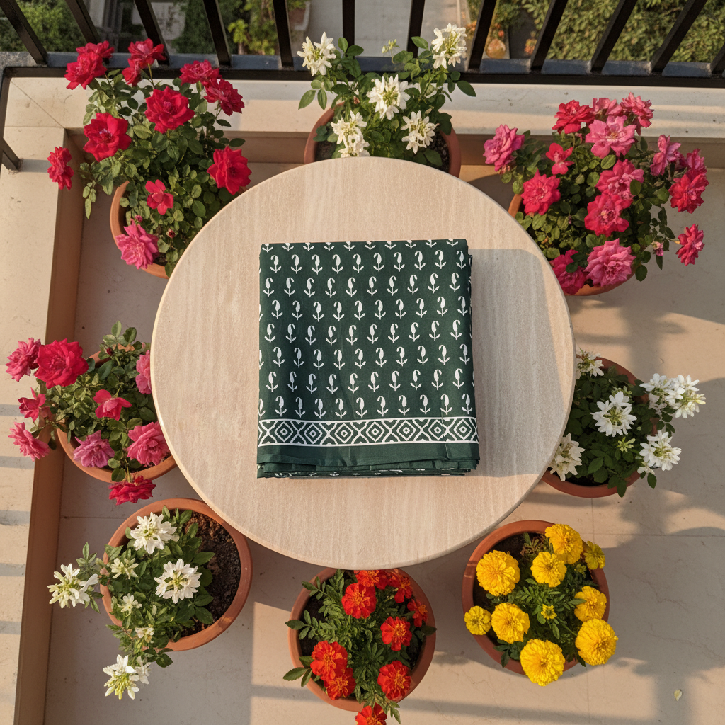 Deep Green Bagru Screen Print Soft Mulmul Cotton Mul Saree
