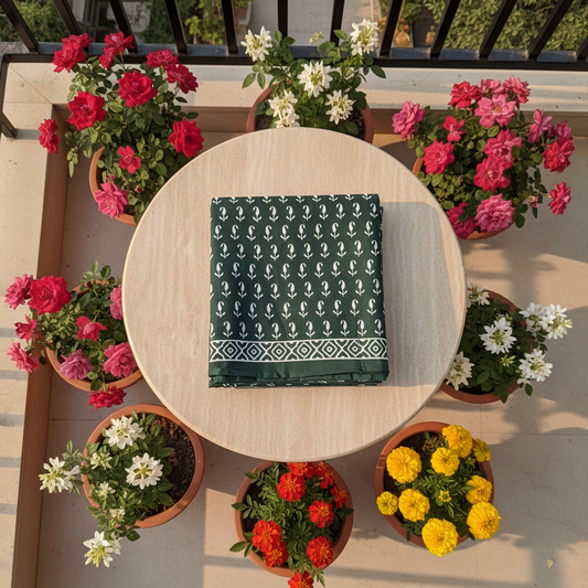 Deep Green Bagru Screen Print Soft Mulmul Cotton Mul Saree