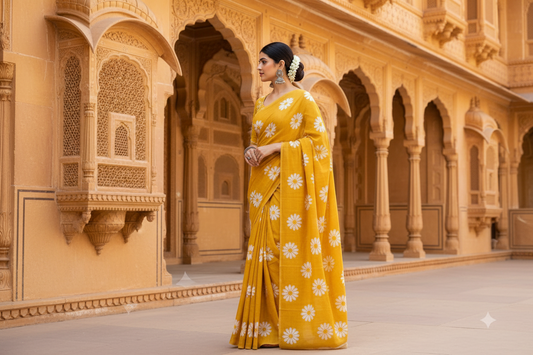 Turmeric Yellow & White Daisy Bagru Screen Print Soft Mulmul Cotton Saree