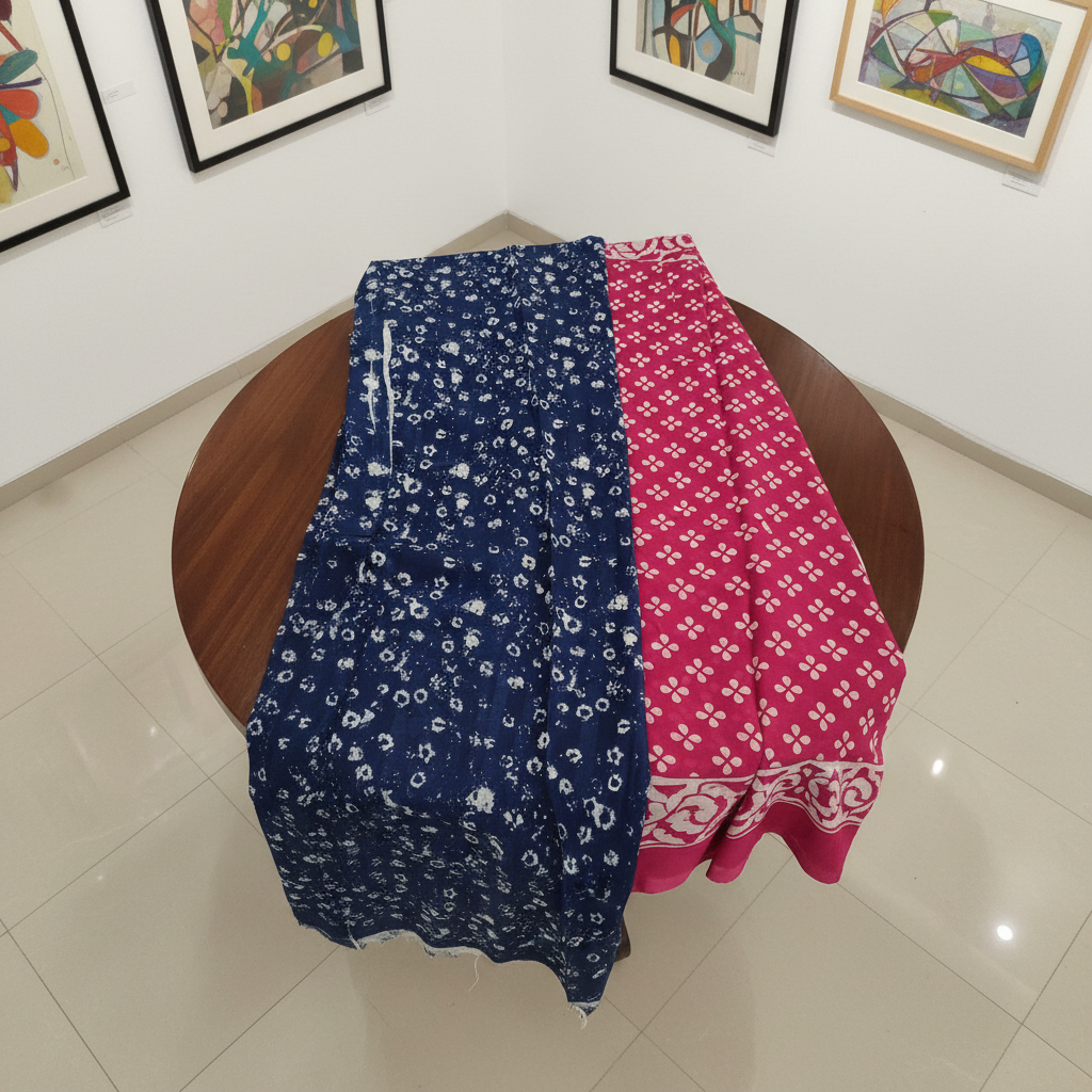 Rani Pink with Floral Border Bagru Screen Print Soft Mulmul Cotton Saree