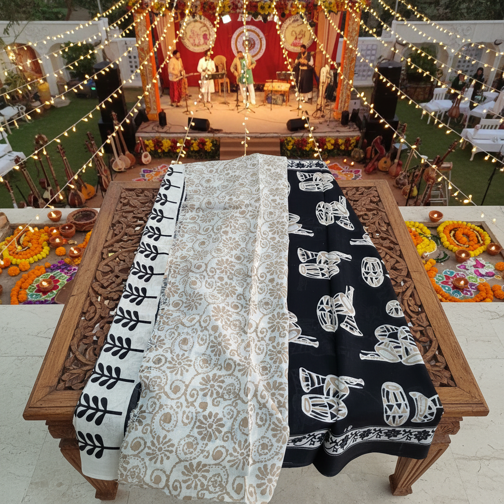 White Floral & Black Instrument Sarees - Cultural Concert Top View