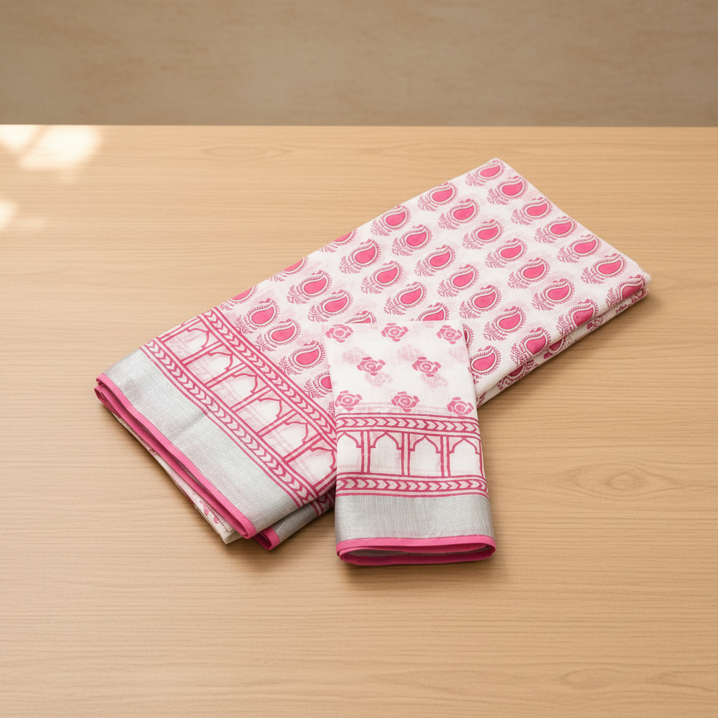 White & Pink Bagru Saree Store Display