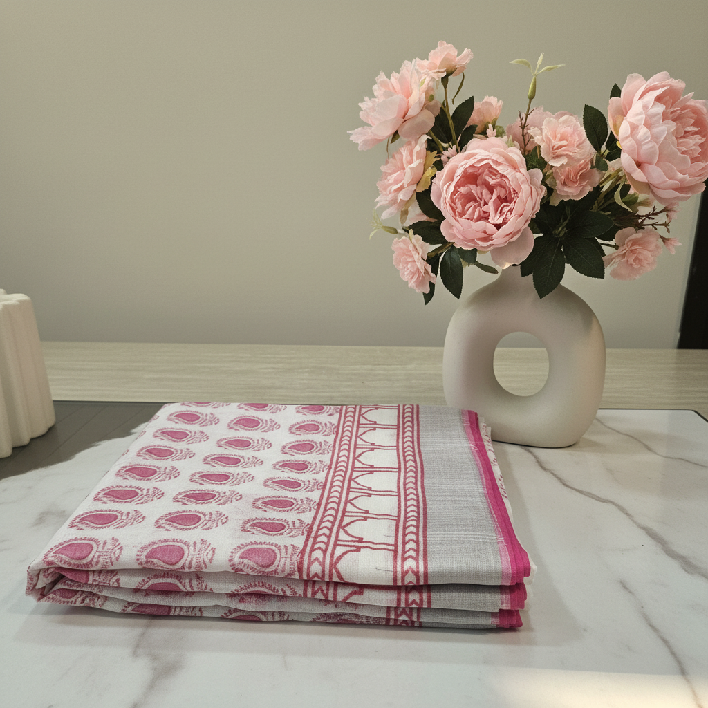 White & Pink Bagru Hand Block Print Linen Saree