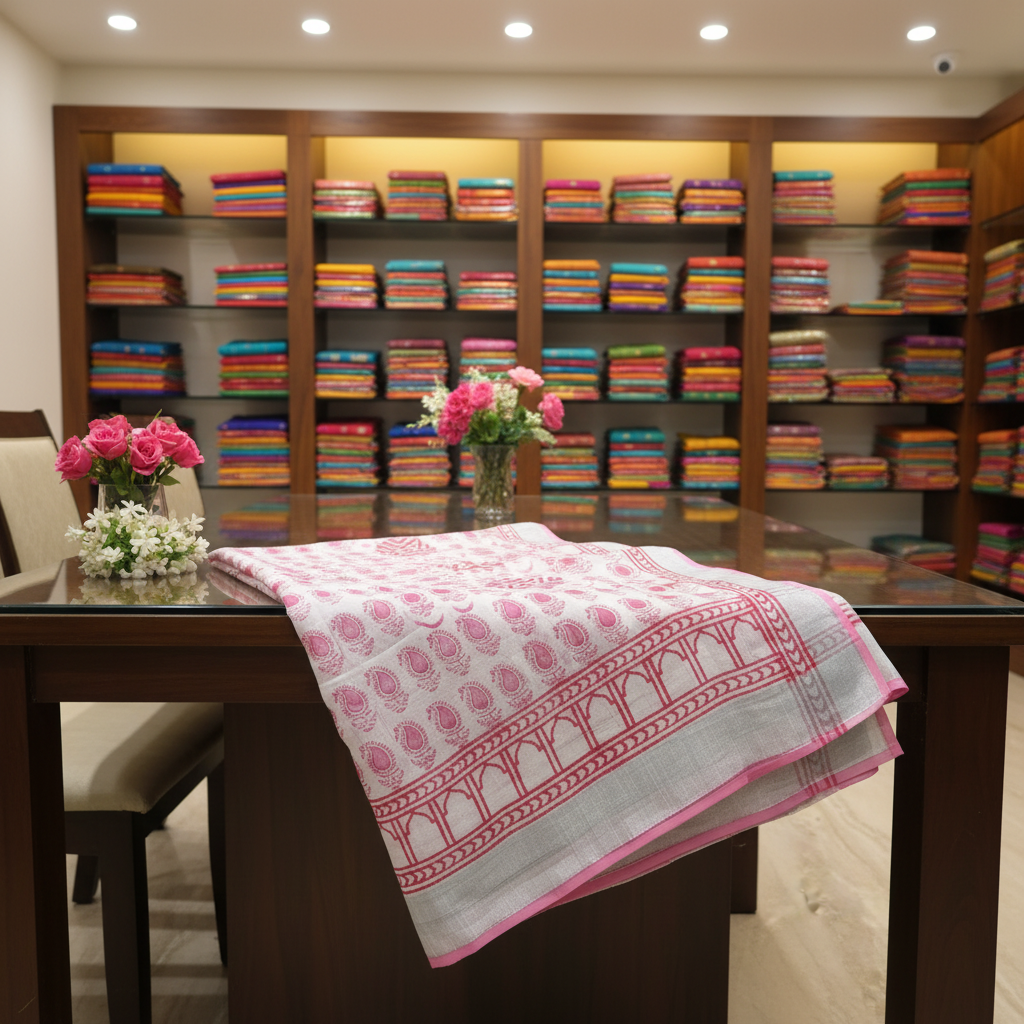 White Pink Paisley Saree - Table Display in Traditional Store